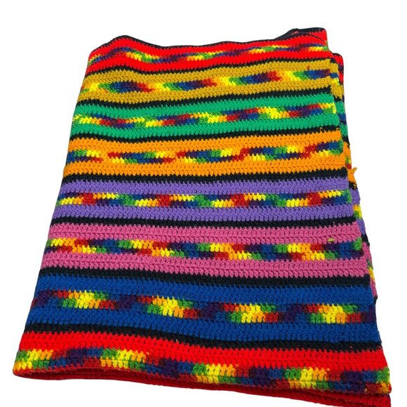 Handmade Crochet Striped Multicolor Blanket Oversized Throw Rainbow 87 x 54 in - Picture 1 of 4
